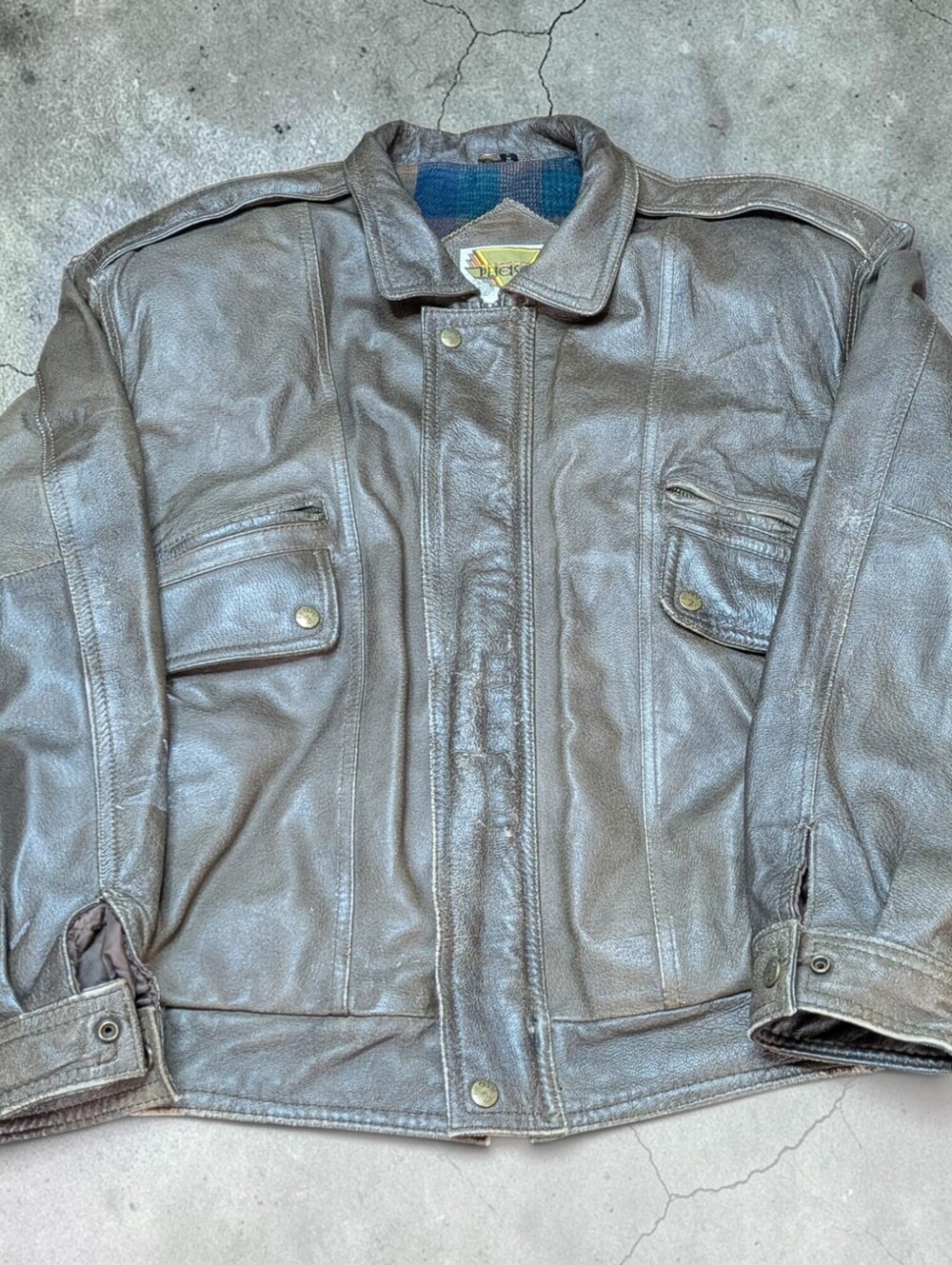 Vintage 80s/90s Phase 2 Plaid Lined Brown Leather Bomber Jacket Mens Large